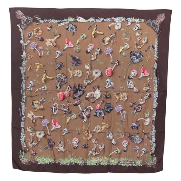 HERMES Carre 90 Scarf ""Champignons"" Silk Brown Auth BA1799 - Picture 1 of 13